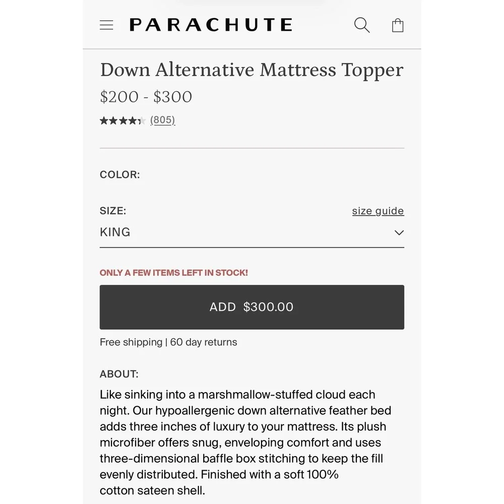 Parachute King Down Alternative Mattress Topper White Cotton Sateen